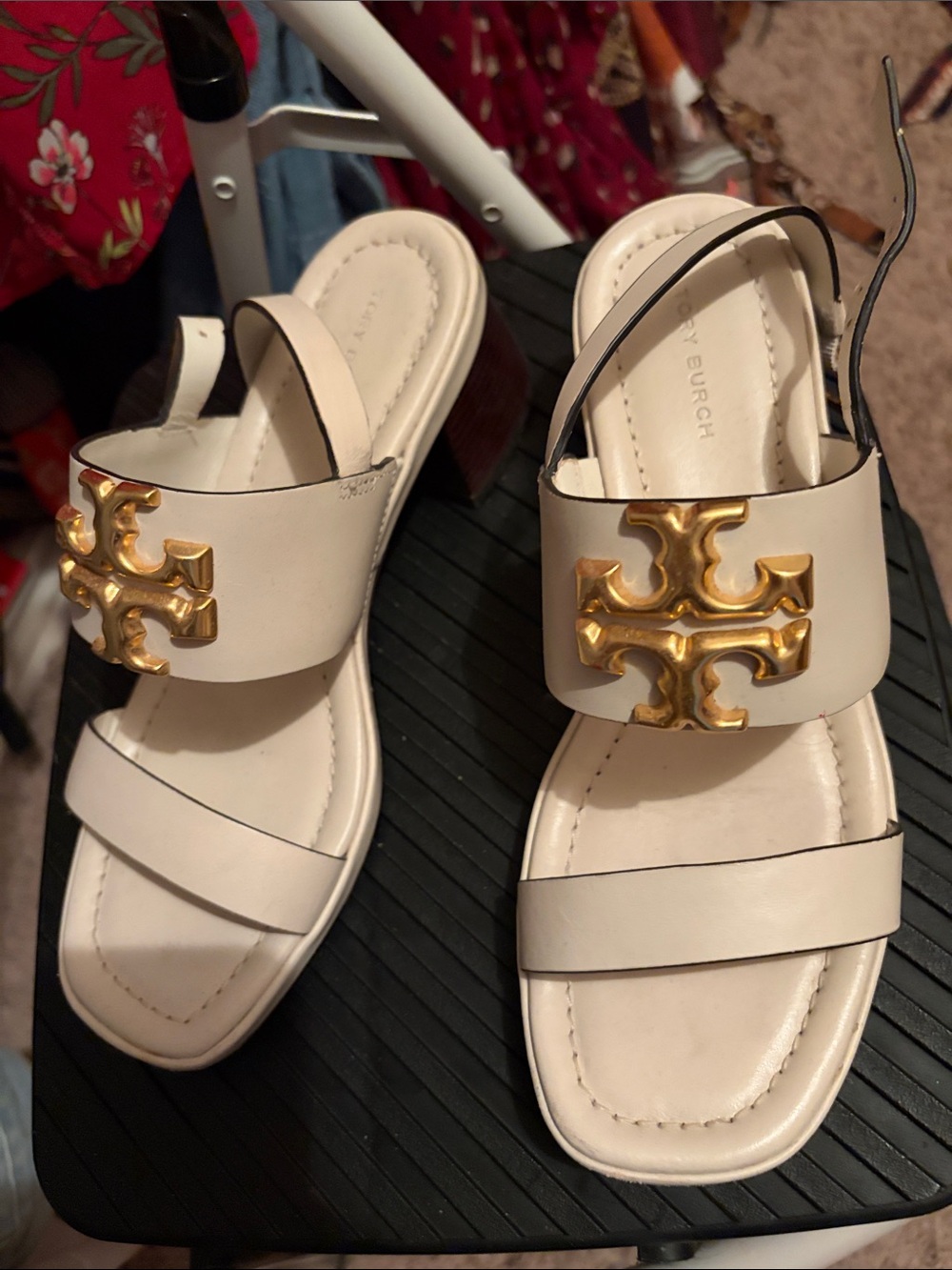 Tory Burch Cream Leather Slingback Sandals with Gold Logo Accent